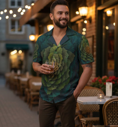 Man standing outdoors at a restaurant with a patterned shirt and drink.