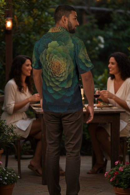 Man in a colorful shirt walking past two women at an outdoor dinner table with string lights above.