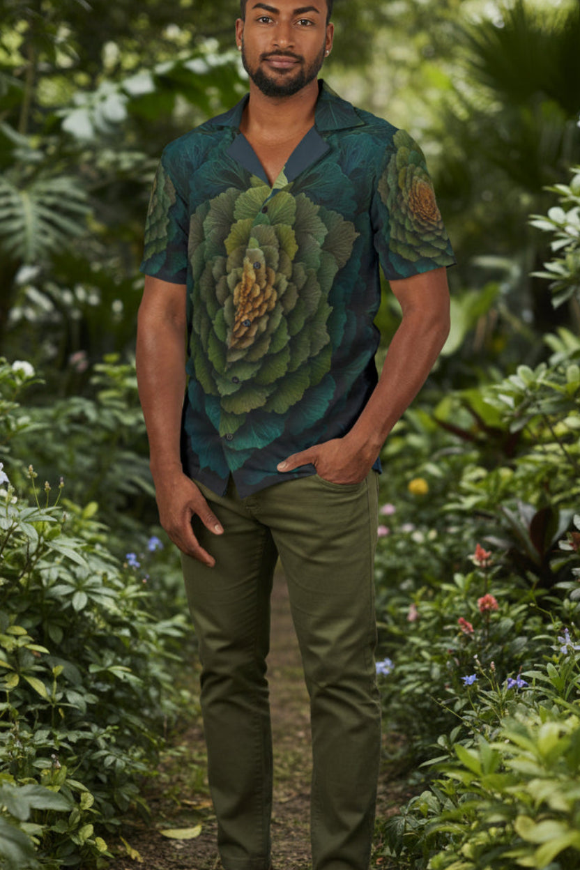 Man wearing a green patterned shirt and green pants standing in a forest