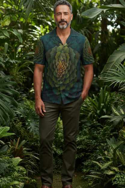 Man standing in a lush green forest wearing a patterned shirt.