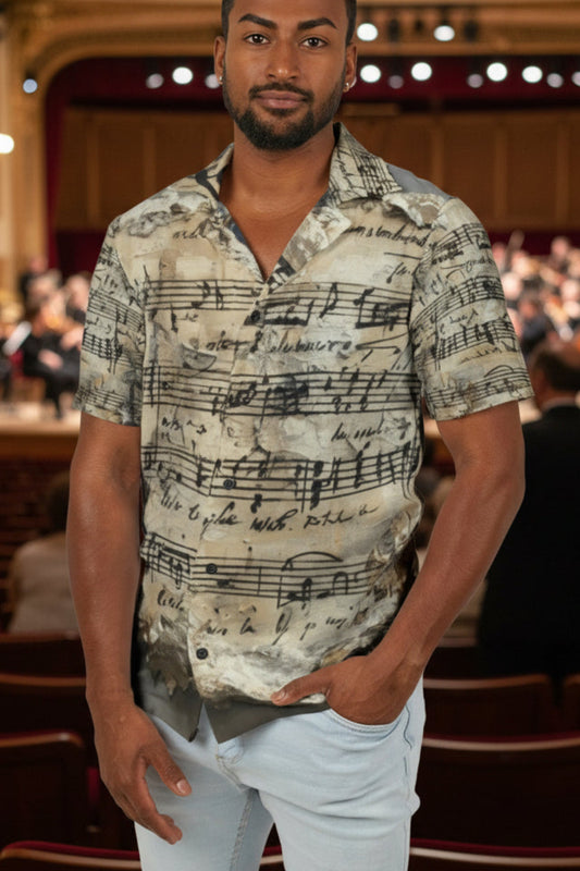 Man wearing a patterned shirt in an auditorium setting