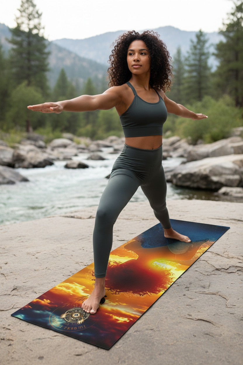 Woman practicing yoga on a colorful mat with a mountainous landscape in the background
