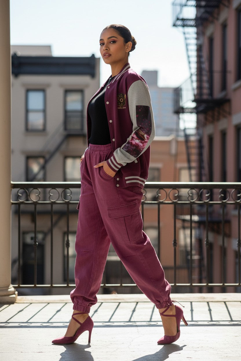 A woman models a matching burgundy and gray varsity jacket with matching jogger pants and burgundy high heels, standing on an outdoor balcony with city buildings in the background.