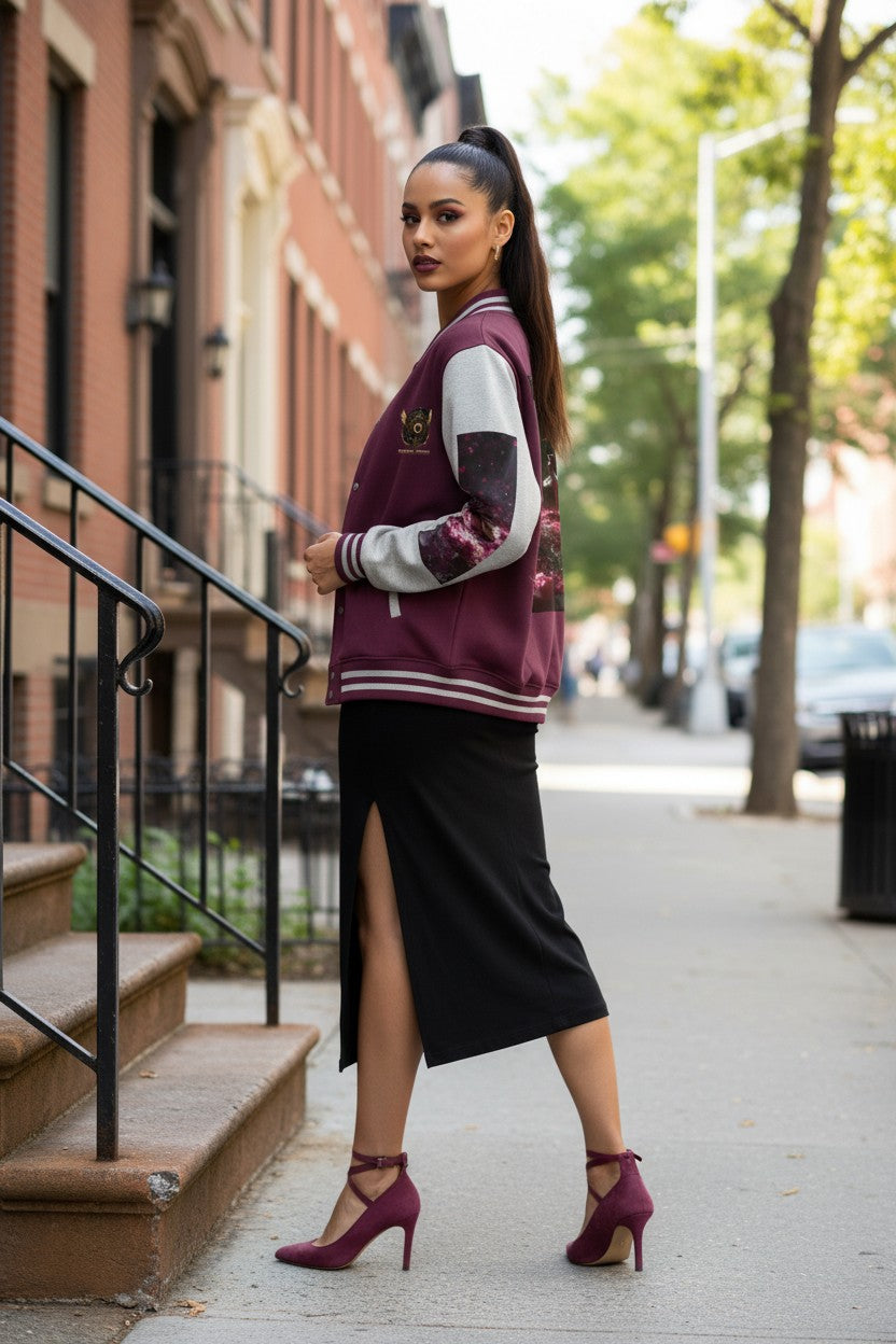 A woman stands on a city sidewalk wearing a burgundy and white varsity jacket, a black midi skirt, and burgundy high heels, with brick buildings and trees in the background.