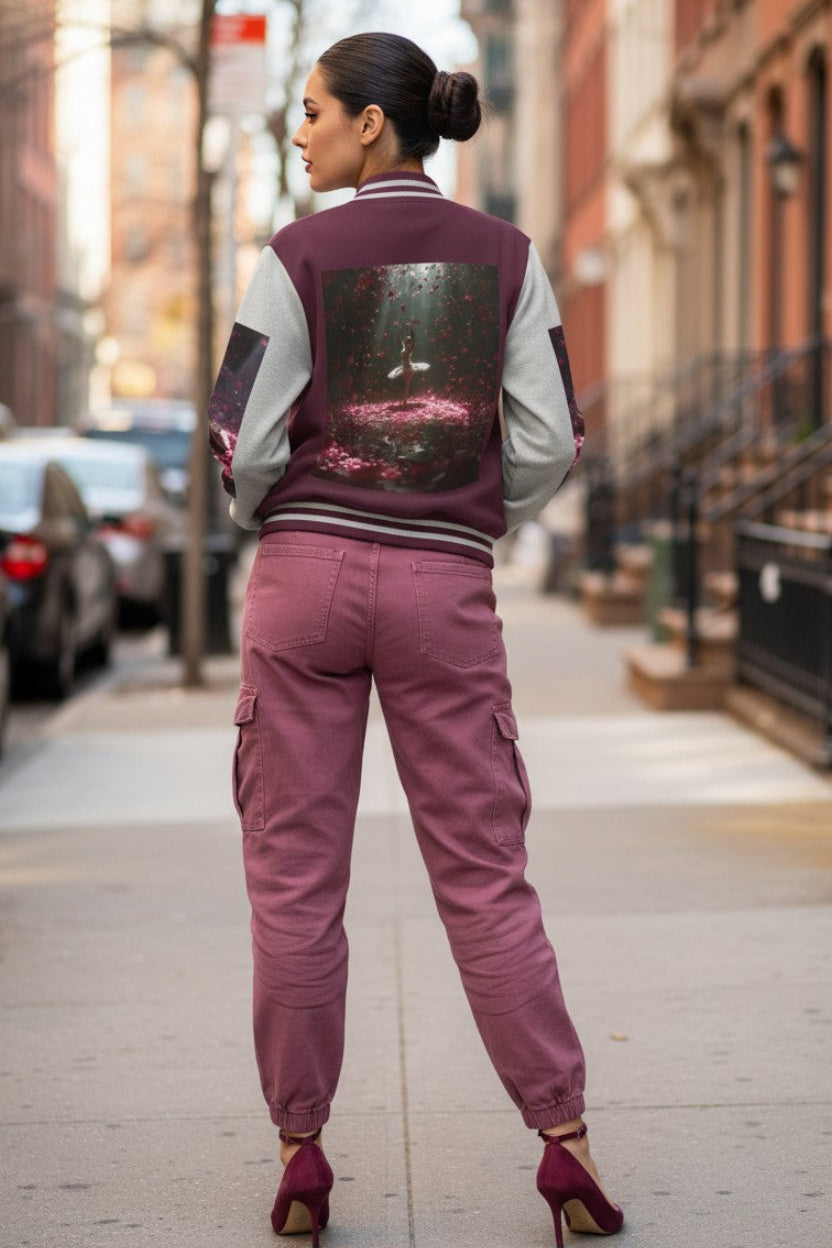 A woman standing on a city sidewalk, photographed from behind, wearing a burgundy and white varsity-style bomber jacket with a large dark graphic print on the back, dusty rose cargo pants, and burgundy high heels.