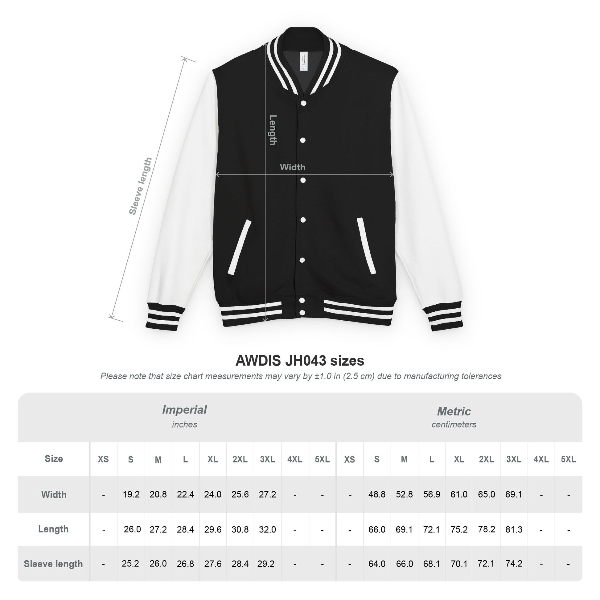 Measurement chart for a black and white varsity-style jacket, showing labeled sleeve length, width, and length lines over a front view of the jacket, with a size table below labeled AWDIS JH043 sizes in imperial and metric.