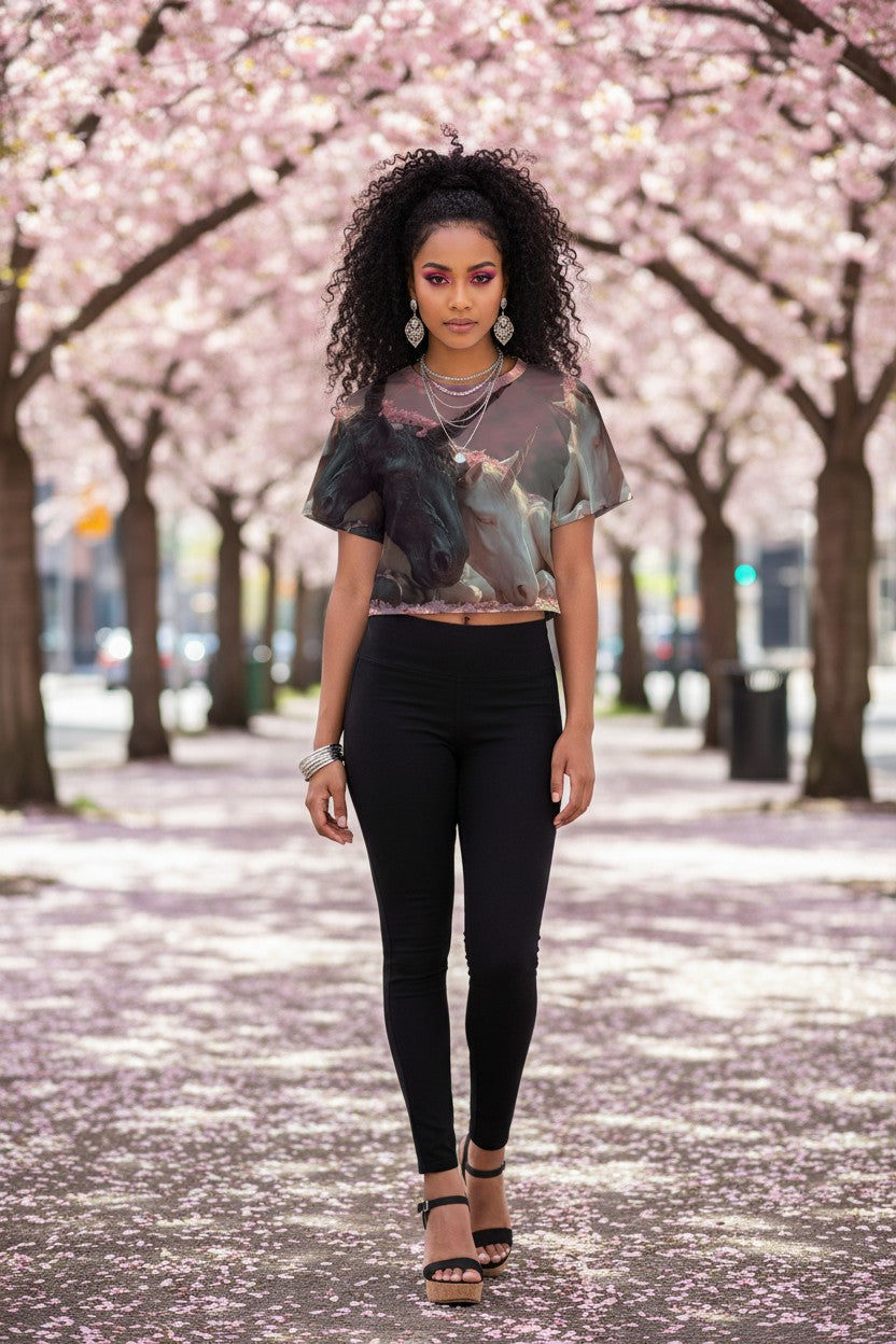 Woman standing in a cherry blossom-lined street