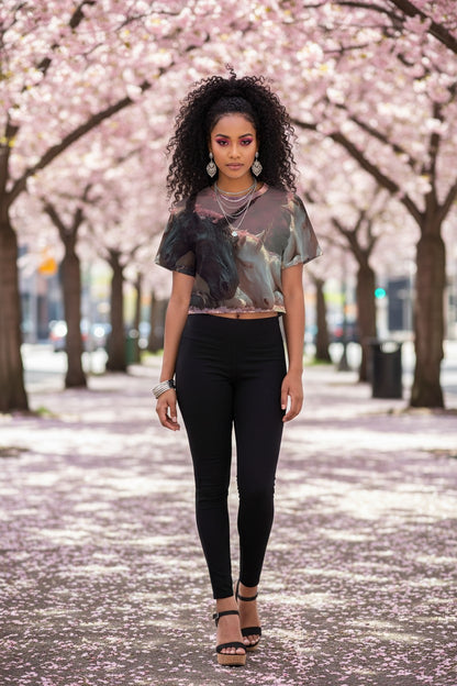Woman standing in a cherry blossom-lined street