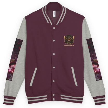A varsity-style jacket with a burgundy body, light gray sleeves, and a colorful cosmic-themed graphic print on the upper sleeves. The jacket features a central crest patch on the left chest and is displayed against a solid white background.