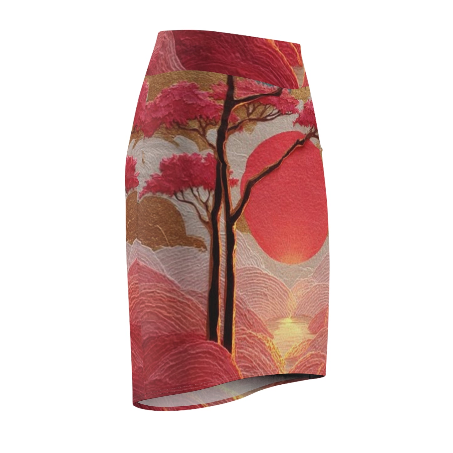 Sakura Dreams Pencil Skirt — Pink Japanese Landscape All-Over Print