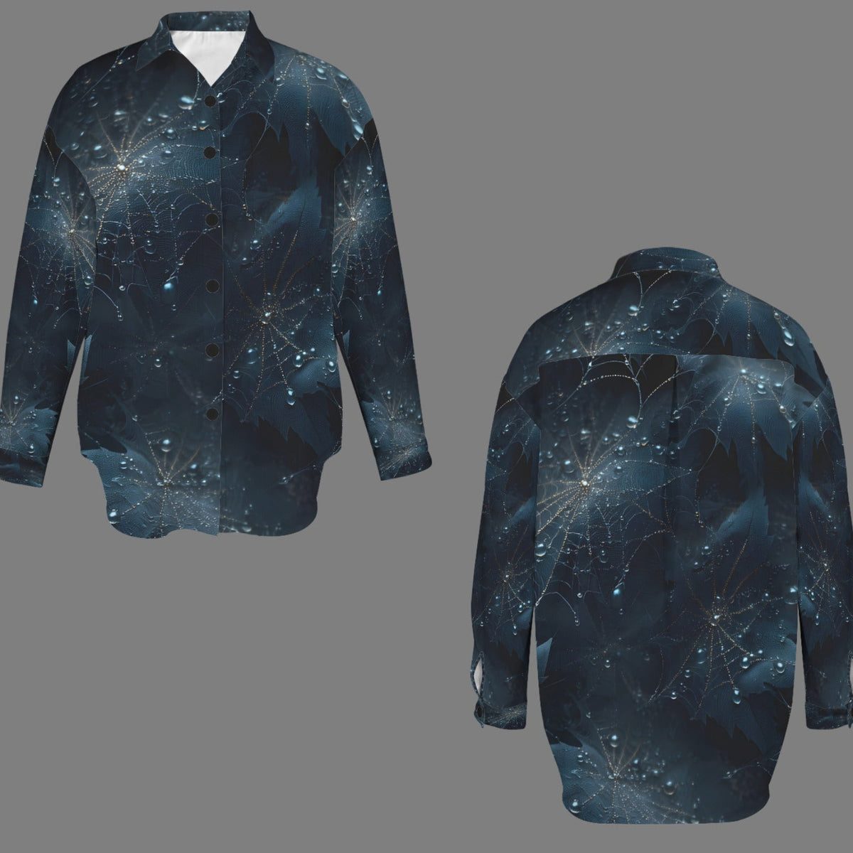 Front and back views of a long-sleeve button-up shirt with an all-over dark blue and black abstract web-like pattern accented by glowing light blue and white star-like specks, shown on a solid gray background.