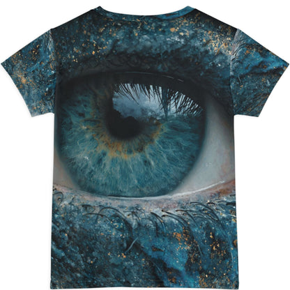 T-shirt with a blue eye design on a white background