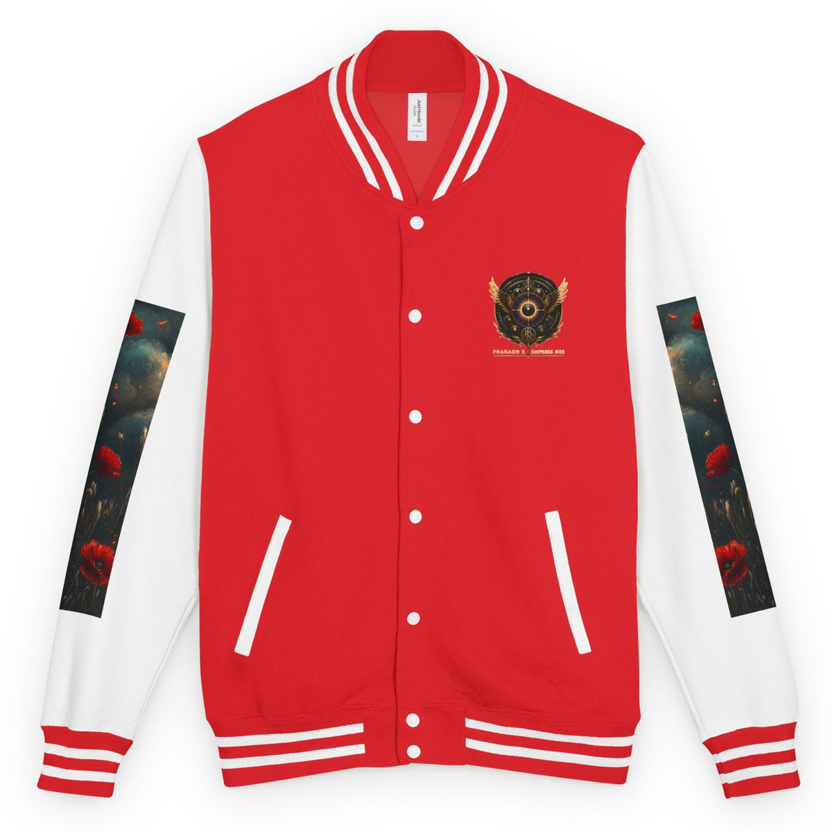 A red and white varsity jacket with a circular black crest on the left chest, featuring dark floral sleeve panels and white ribbed trim.