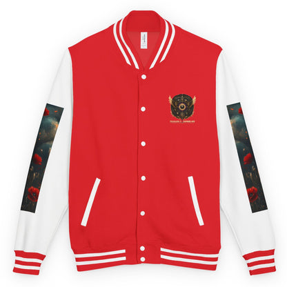 A red and white varsity jacket with a circular black crest on the left chest, featuring dark floral sleeve panels and white ribbed trim.