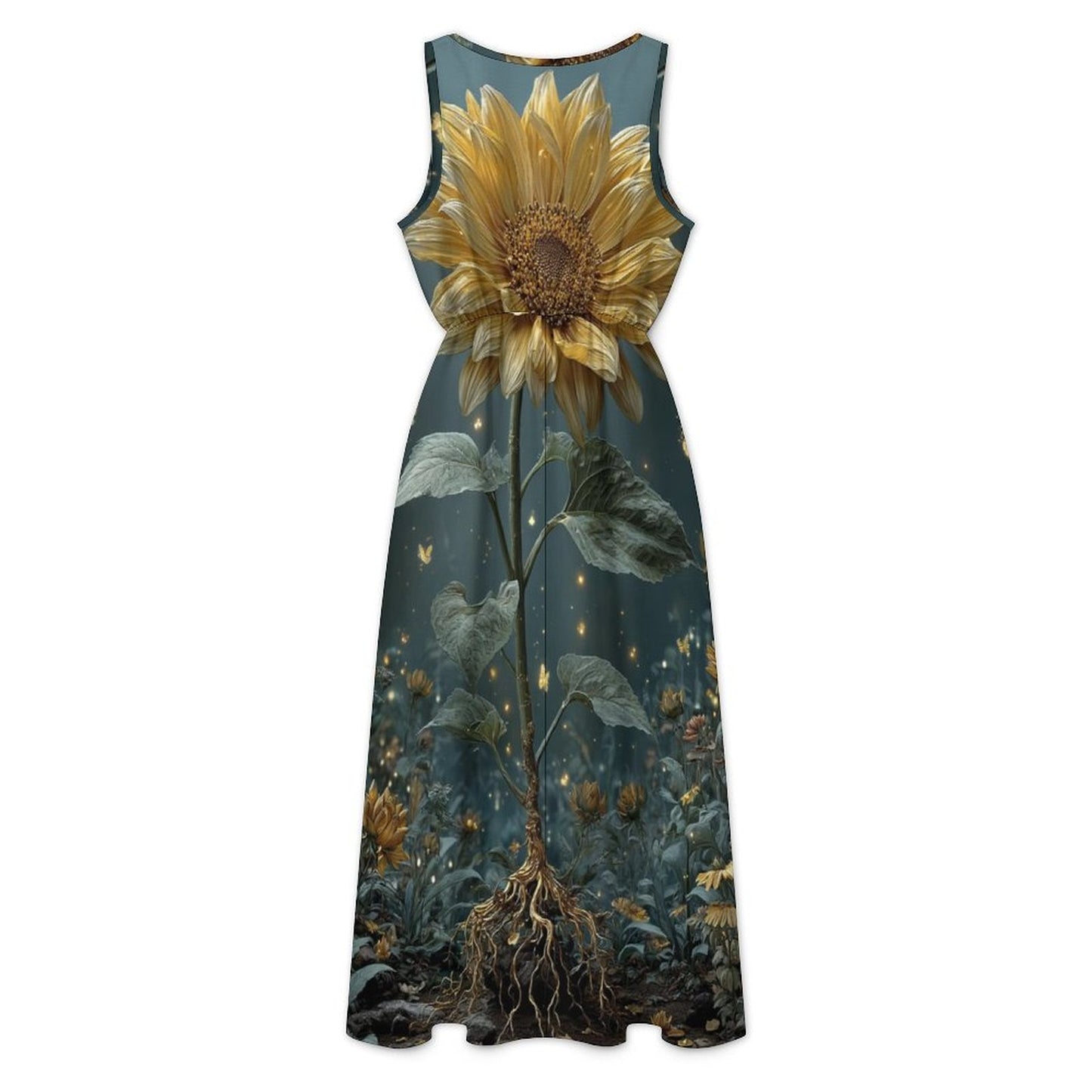 All-Over Print Women's Casual Sleeveless V-neck Midi Dress With Pockets