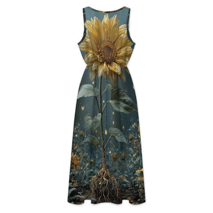 All-Over Print Women's Casual Sleeveless V-neck Midi Dress With Pockets