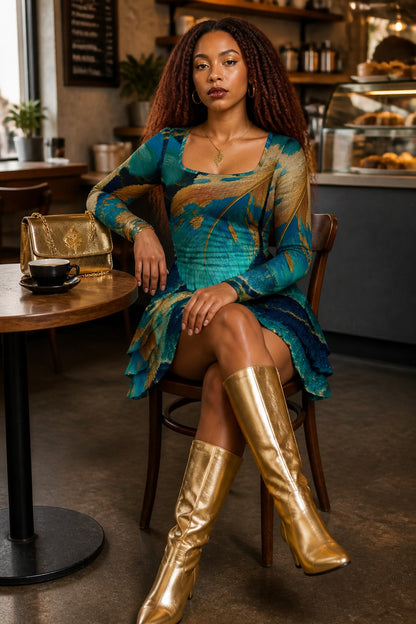 Autumn Feathers Ruffled Mini Dress