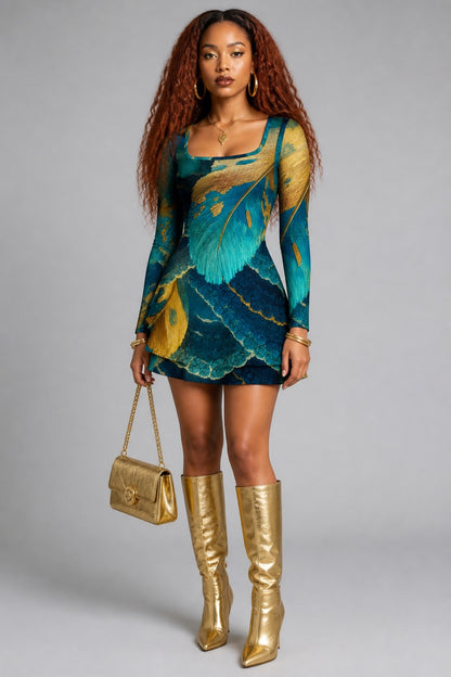 Autumn Feathers Ruffled Mini Dress
