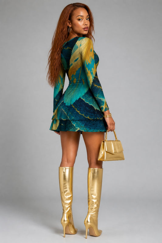 Autumn Feathers Ruffled Mini Dress