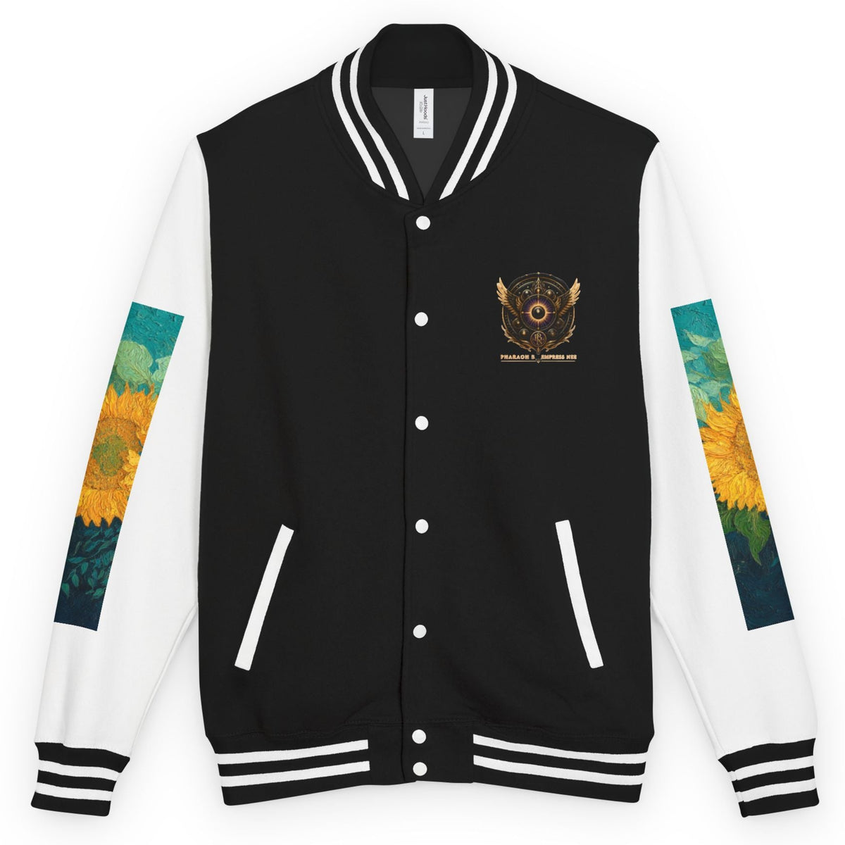 A black and white varsity jacket with a colorful sunflower and teal graphic on the sleeves, featuring a gold and black crest on the left chest.