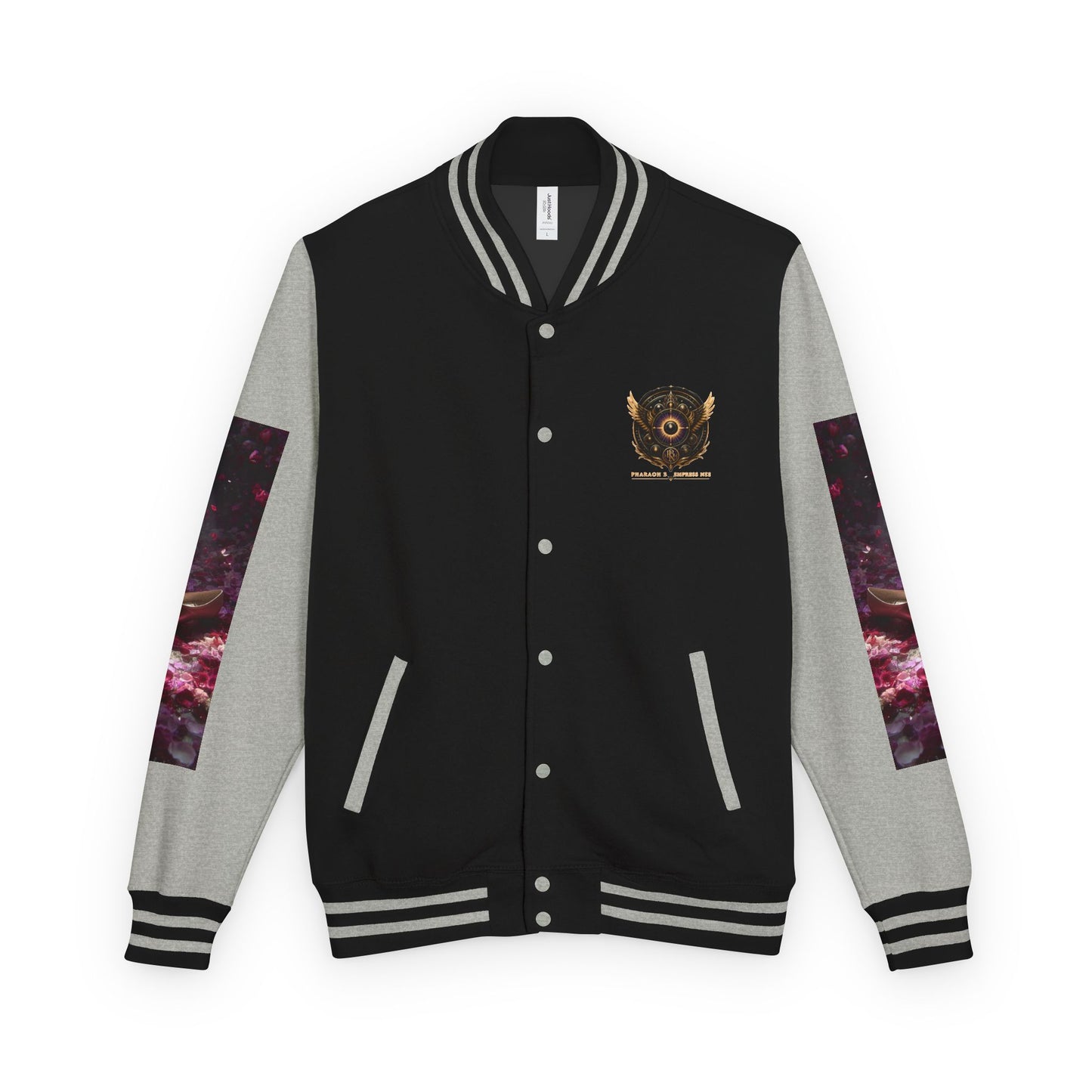 A varsity-style jacket with a black body, gray sleeves, and a small gold emblem on the left chest. The sleeves feature a purple and pink galaxy print, and the jacket is shown against a plain white background.