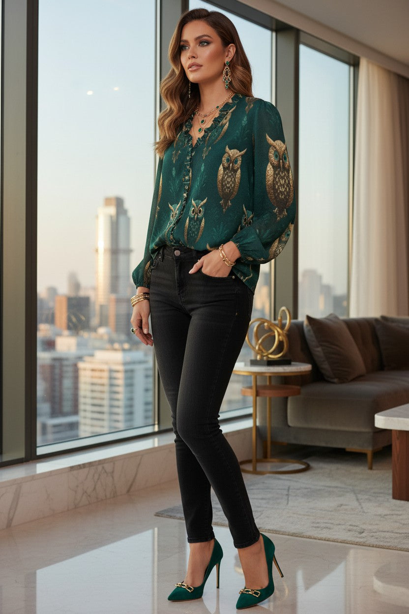 Emerald Owl Long-Sleeve Shirt