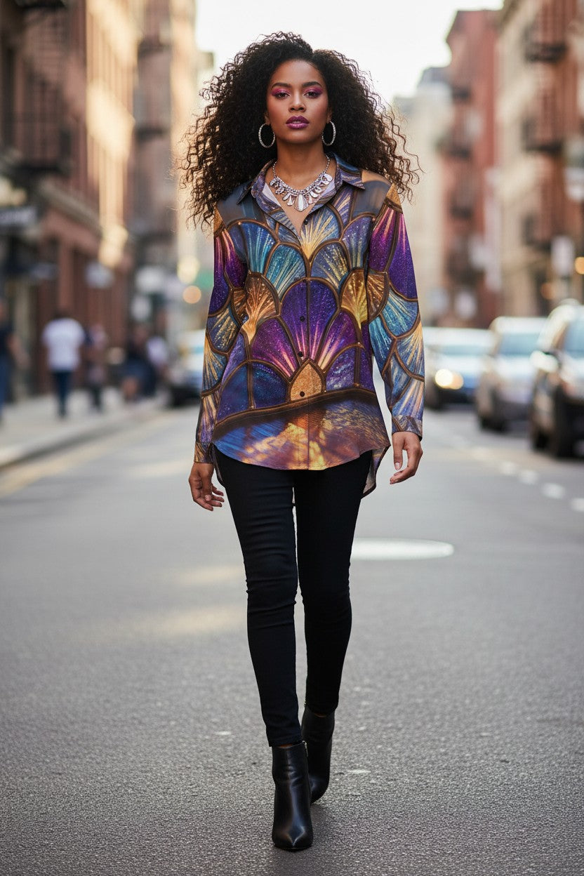 Mermaid Glass Window Button-Up Long-Sleeve Shirt