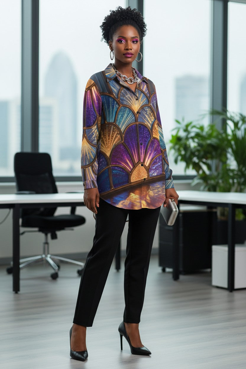 Mermaid Glass Window Button-Up Long-Sleeve Shirt