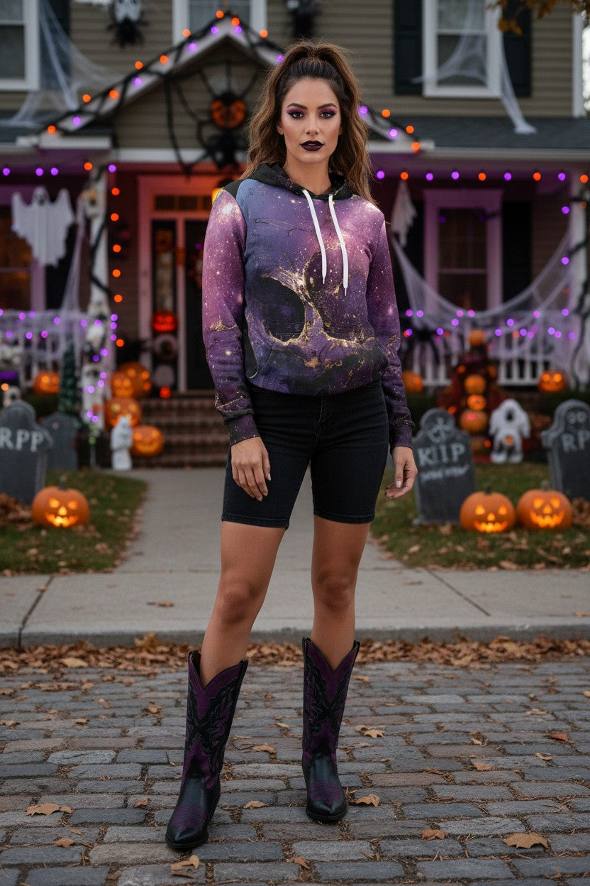 A woman stands on a cobblestone street in front of a Halloween-decorated house, wearing a purple and black galaxy-print hoodie with white drawstrings, black biker shorts, and dark purple cowboy boots.
