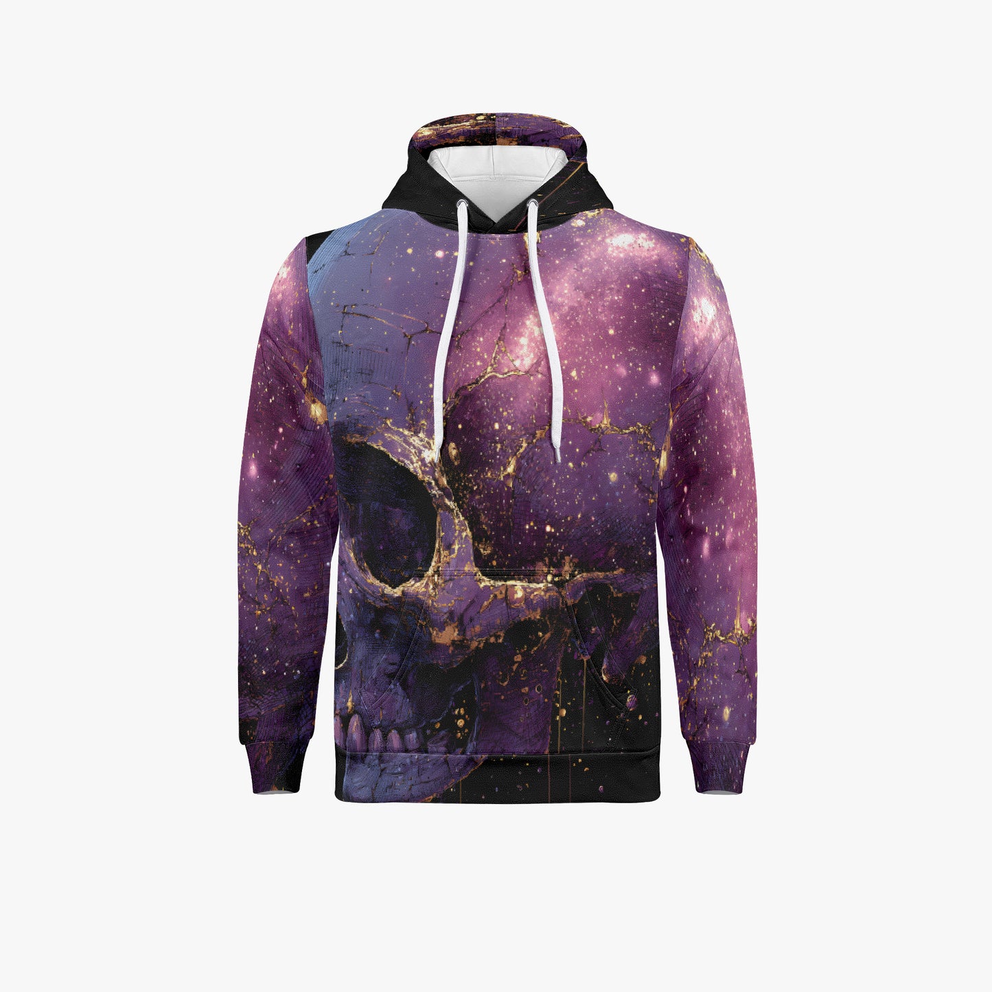 A long-sleeve pullover hoodie featuring an all-over print of a purple and black skull with gold glitter-like details, set against a plain light gray background.