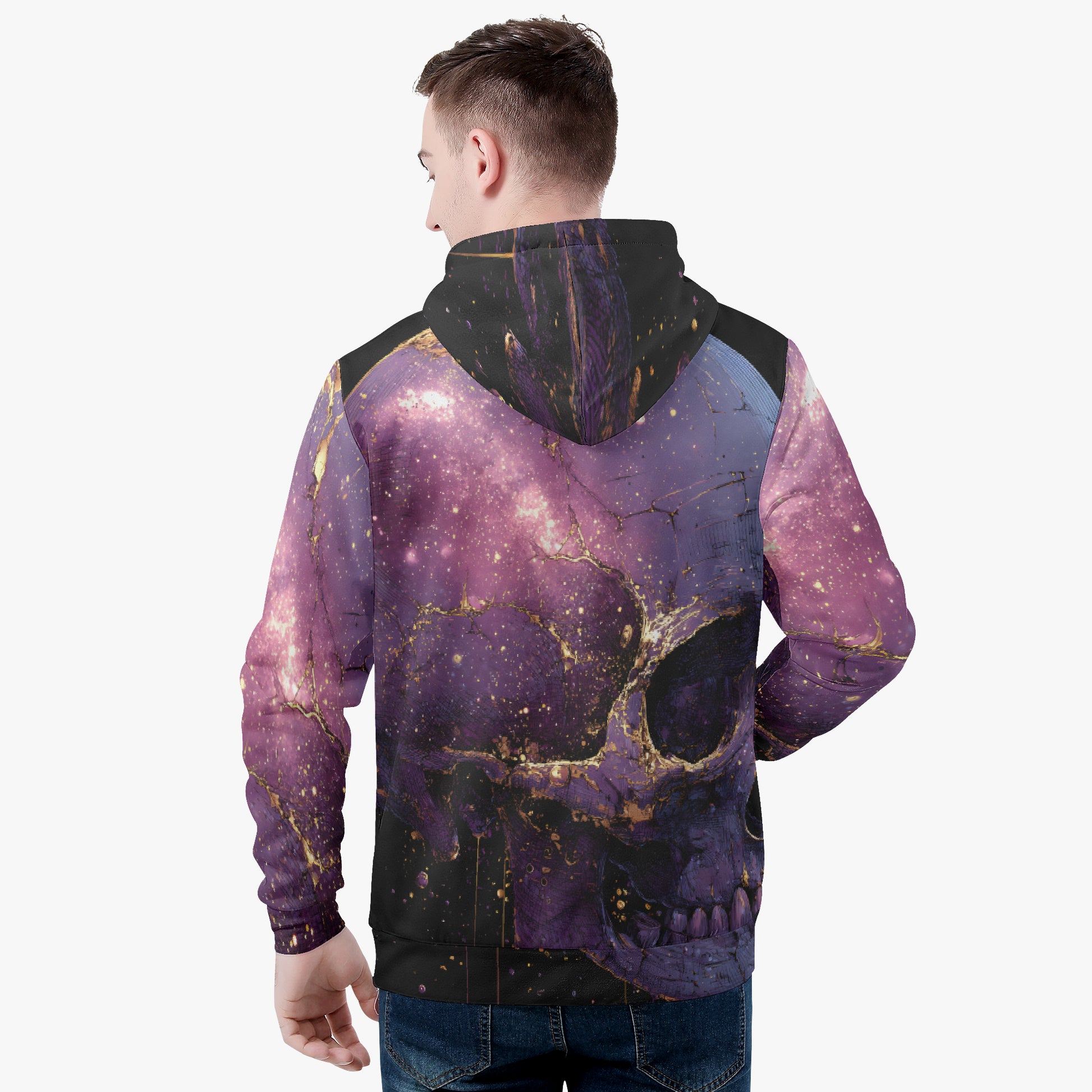 A man viewed from the back wearing a hooded zip-up jacket with a purple and black skull design accented by gold glitter-like details, set against a plain light gray background.