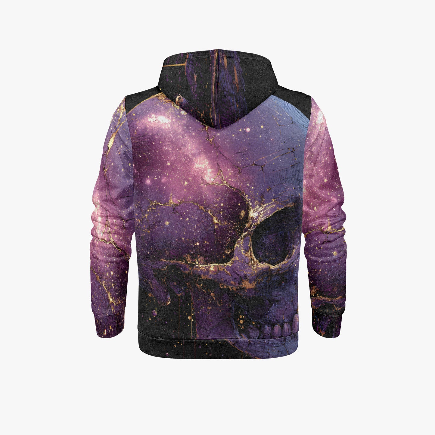 A hooded sweatshirt shown from the back, featuring an all-over print of a purple and black skull with gold splatter details and a galaxy/nebula background. The hood and shoulder yoke are solid black.