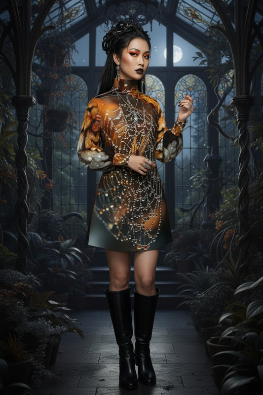 A woman stands in a dark, gothic greenhouse wearing a long-sleeve mini dress with an orange, brown, and black abstract pattern overlaid with silver chain-like graphics, paired with black knee-high boots.