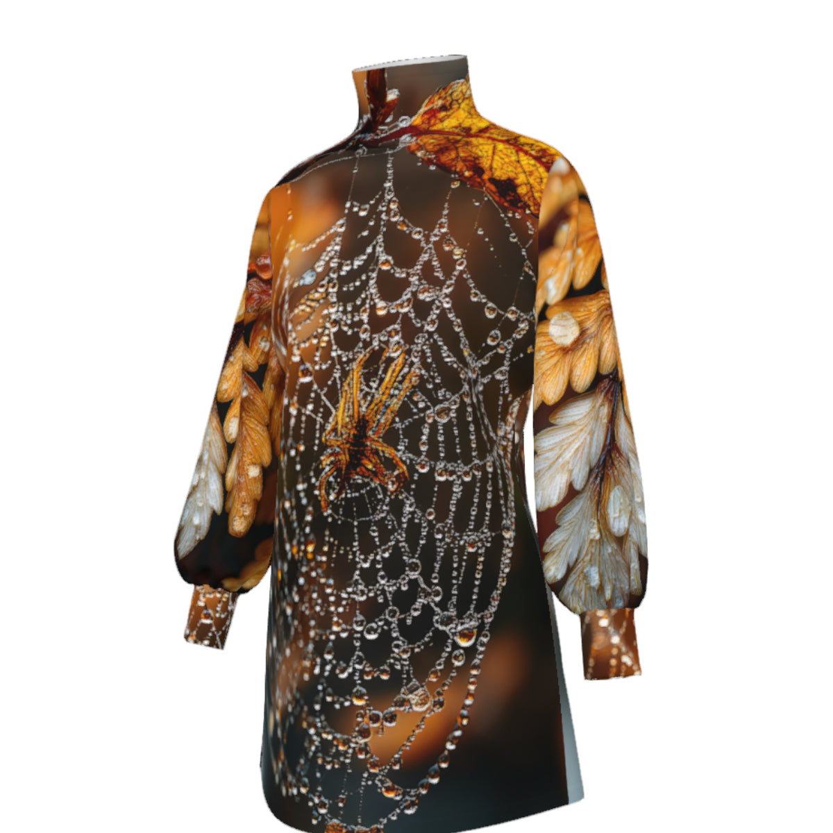 A long-sleeve mock-neck tunic top featuring a detailed spiderweb and butterfly wing print in shades of brown, gold, black, and white, displayed on a ghost mannequin against a plain white background.