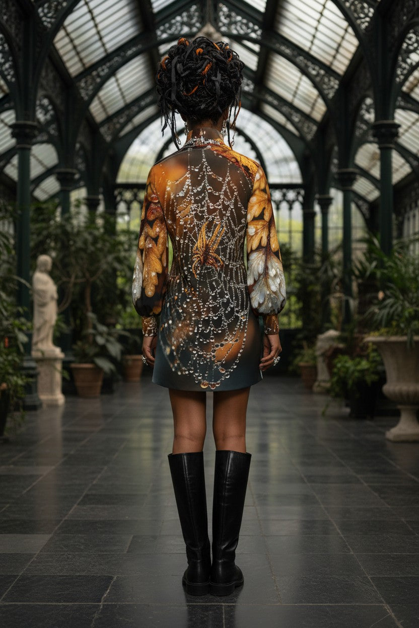 A model viewed from behind wearing a short, long-sleeved dress with a complex abstract pattern in orange, brown, black, and white, paired with black knee-high boots, standing in a grand greenhouse or conservatory.