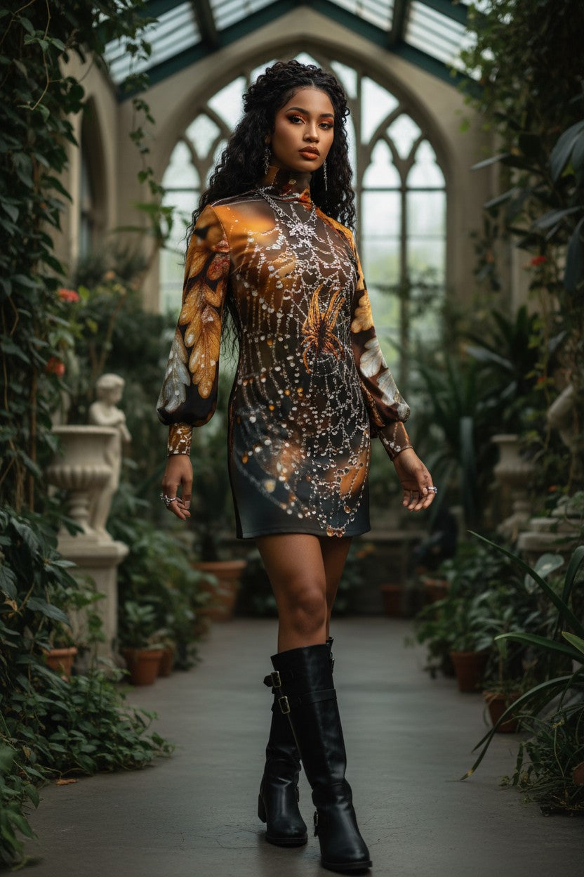 A woman stands in a greenhouse walkway wearing a fitted mini dress with a brown, gold, and black abstract print, long sleeves, and black knee-high boots.