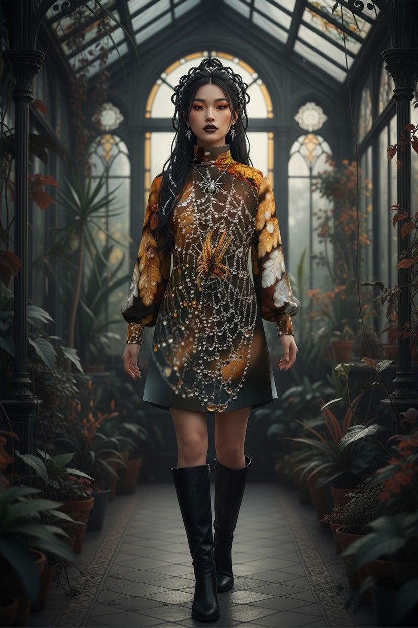 A woman stands in a greenhouse wearing a long-sleeved, high-neck dress with a brown and gold spiderweb pattern, black boots, and a decorative headpiece.