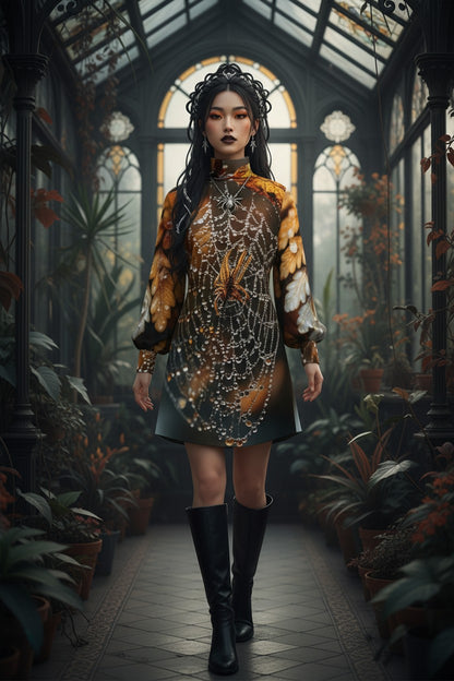 A woman stands in a greenhouse wearing a long-sleeved, high-neck dress with a brown and gold spiderweb pattern, black boots, and a decorative headpiece.