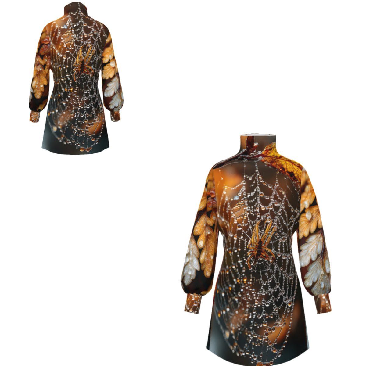 A long-sleeve mock-neck dress shown from both front and back views on a plain white background. The dress features an intricate spiderweb pattern over a background of warm brown, orange, and black, with subtle butterfly wing details on the sleeves.