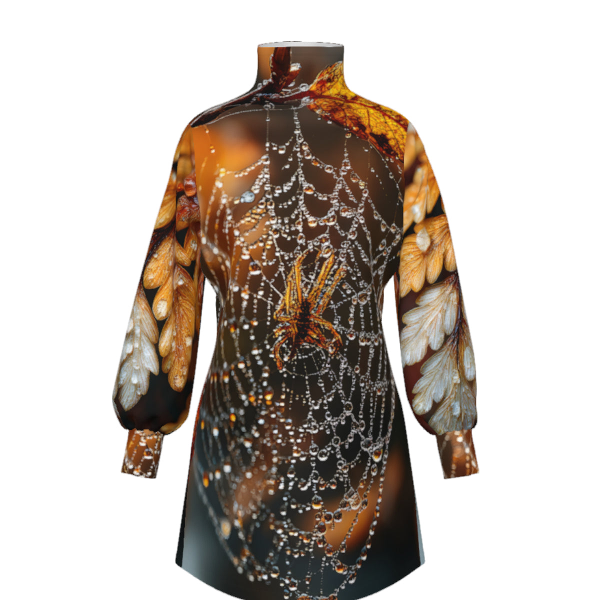 A long-sleeve tunic dress with a high mock neck, featuring a detailed spiderweb and butterfly print in shades of brown, orange, black, and white, displayed on a mannequin against a plain white background.
