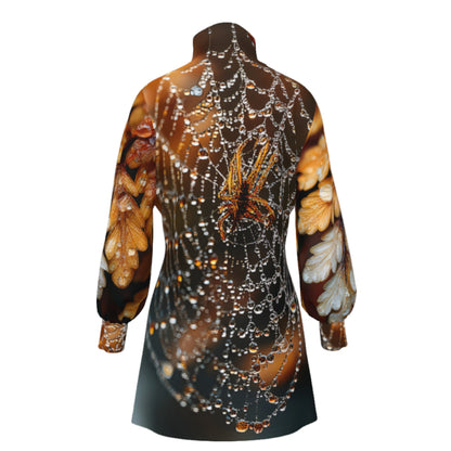 A long-sleeve high-neck dress shown from the back, featuring an intricate spiderweb and spider graphic print over a brown and black base with orange and white leaf details.