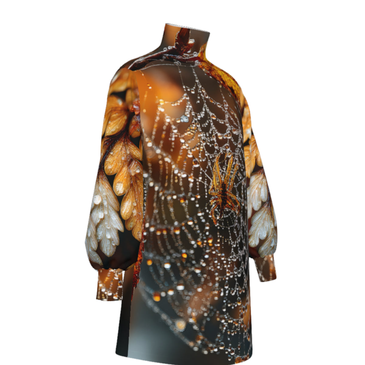 A long-sleeve mock-neck tunic top featuring a detailed print of a butterfly wing and intricate spiderwebs with dewdrops in brown, orange, black, and white.