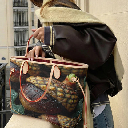 A person wearing a dark brown leather jacket and cream-colored scarf carries a large tote bag with a detailed food print featuring a sandwich and fries, set against an outdoor balcony backdrop.