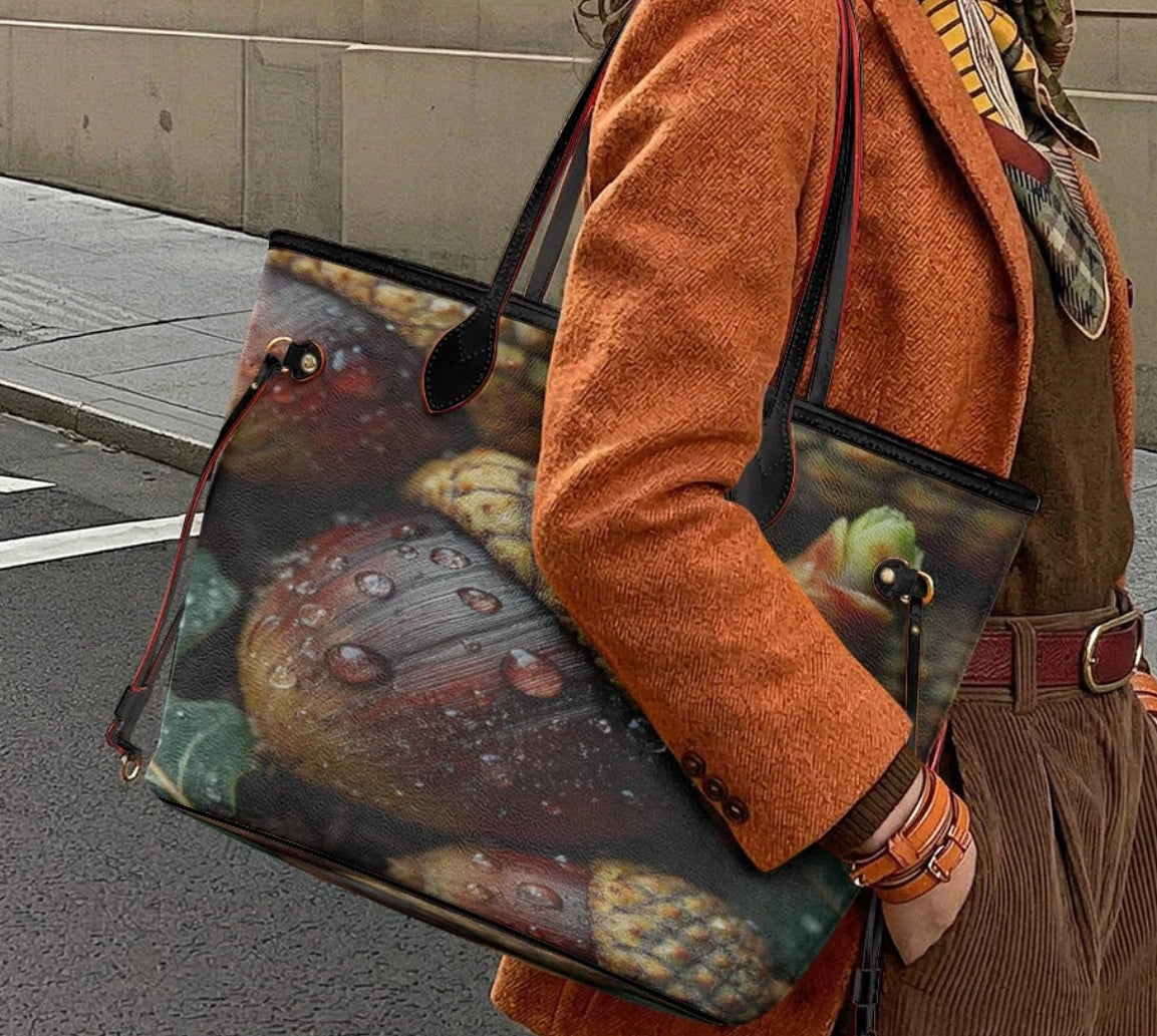 A woman stands on a city street wearing an orange jacket and brown corduroy trousers, carrying a large tote bag with a realistic fruit print. The background shows a beige stone building and a gray sidewalk.