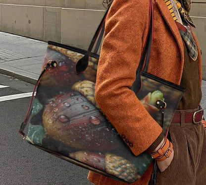 A woman stands on a city street wearing an orange jacket and brown corduroy trousers, carrying a large tote bag with a realistic fruit print. The background shows a beige stone building and a gray sidewalk.