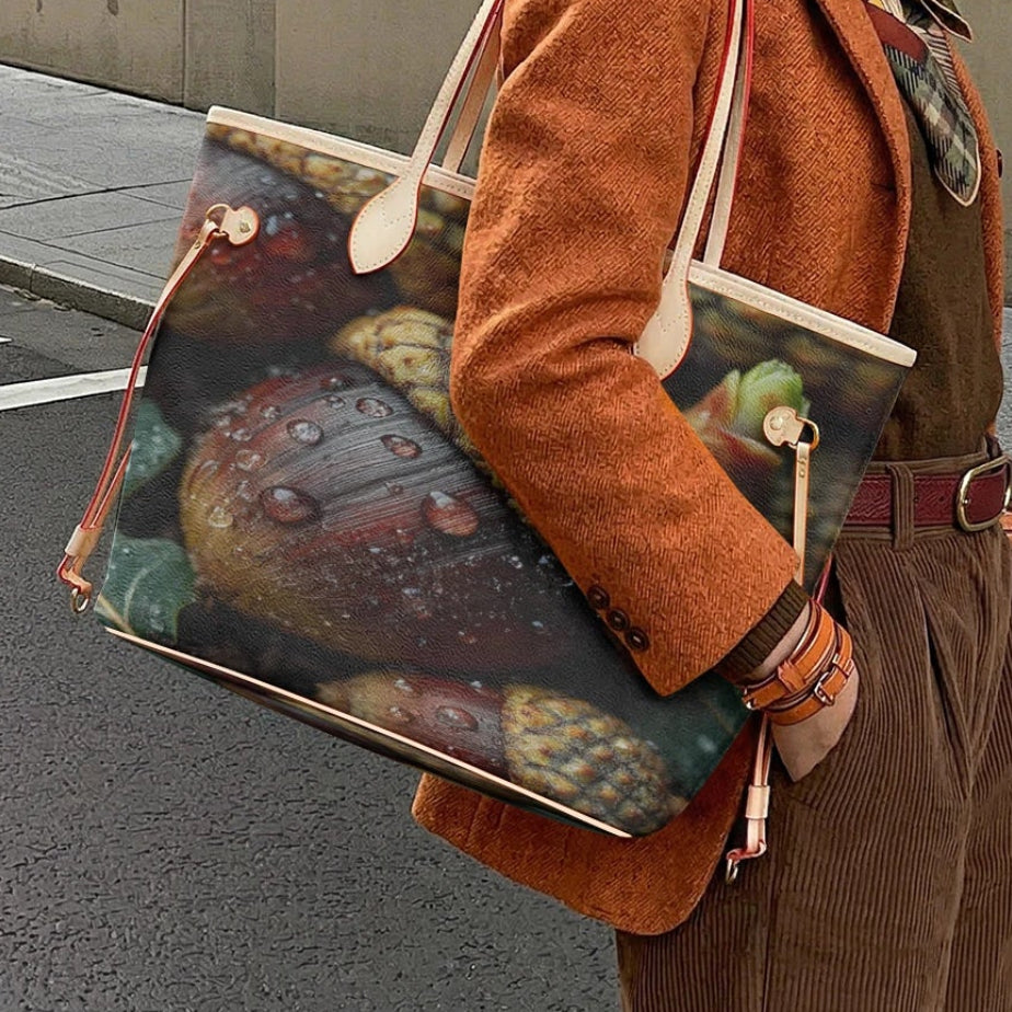 A woman stands on a city street carrying a large tote bag with a colorful fruit print and cream handles. She is wearing an orange-brown jacket, brown corduroy pants, and a patterned scarf, with a beige stone building in the background.