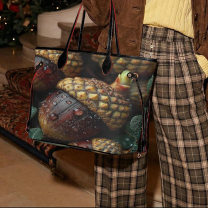 A model stands in an elegant indoor setting with a staircase and a decorated Christmas tree, holding a large tote bag. The bag features a detailed illustration of a gold-colored chest with a red rose and the word 'Gucci' printed on it.
