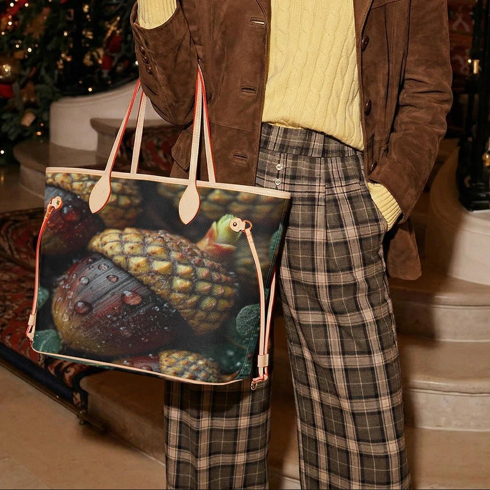 A model stands in an elegant indoor setting with a staircase and a decorated Christmas tree, holding a large canvas tote bag. The bag features a detailed illustration of a green turtle carrying a gold chest, with beige handles.