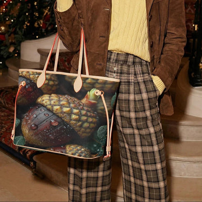 A model stands in an elegant indoor setting with a staircase and a decorated Christmas tree, holding a large canvas tote bag. The bag features a detailed illustration of a green turtle carrying a gold chest, with beige handles.