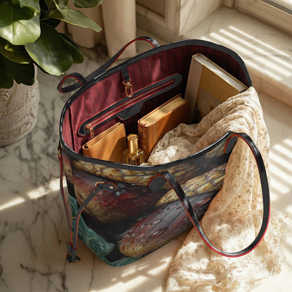 A tote bag with a multicolor abstract print sits open on a marble windowsill, filled with books, a perfume bottle, and a cream scarf. The bag has dark red lining and black trim with red and blue piping.